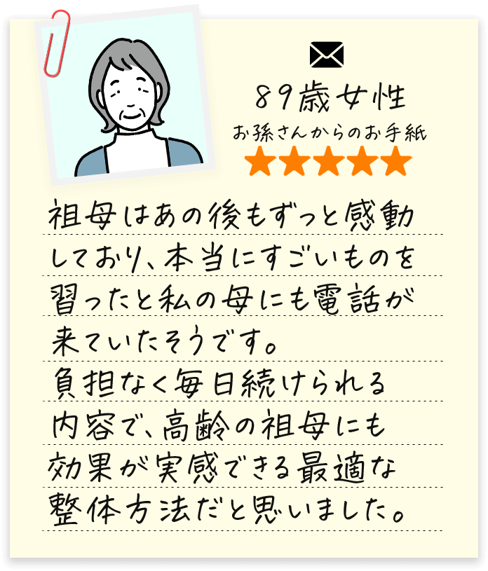 89歳女性（お孫さんからのお手紙。祖母はあの後もずっと感動しており、本当にすごいものを習ったと私の母にも電話が来ていたそうです。負担なく毎日続けられる内容で、高齢の祖母にも効果が実感できる最適な整体方法だと思いました。